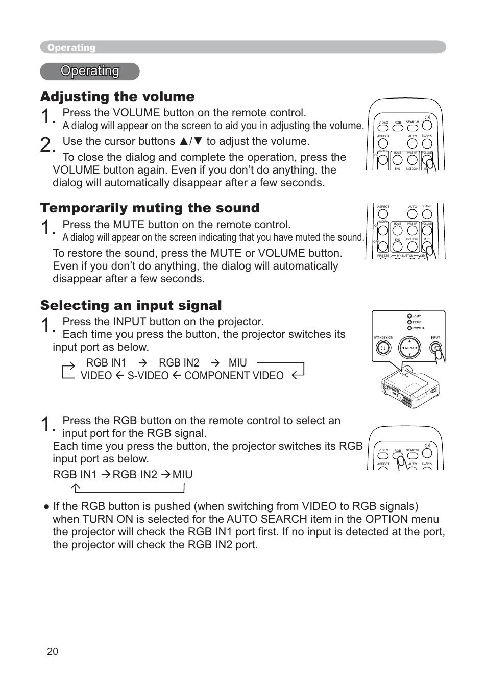Operating adjusting the volume, Temporarily muting the sound, Selecting an input signal | Hitachi CP-X268AWF User Manual | Page 29 / 163