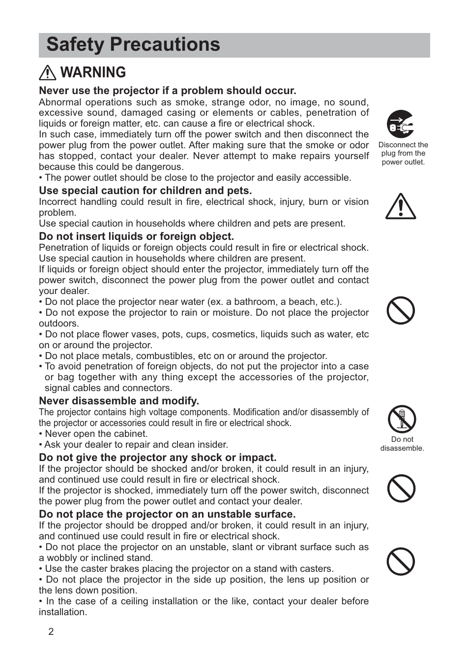 Safety precautions, Warning | Hitachi CP-X268AWF User Manual | Page 3 / 163