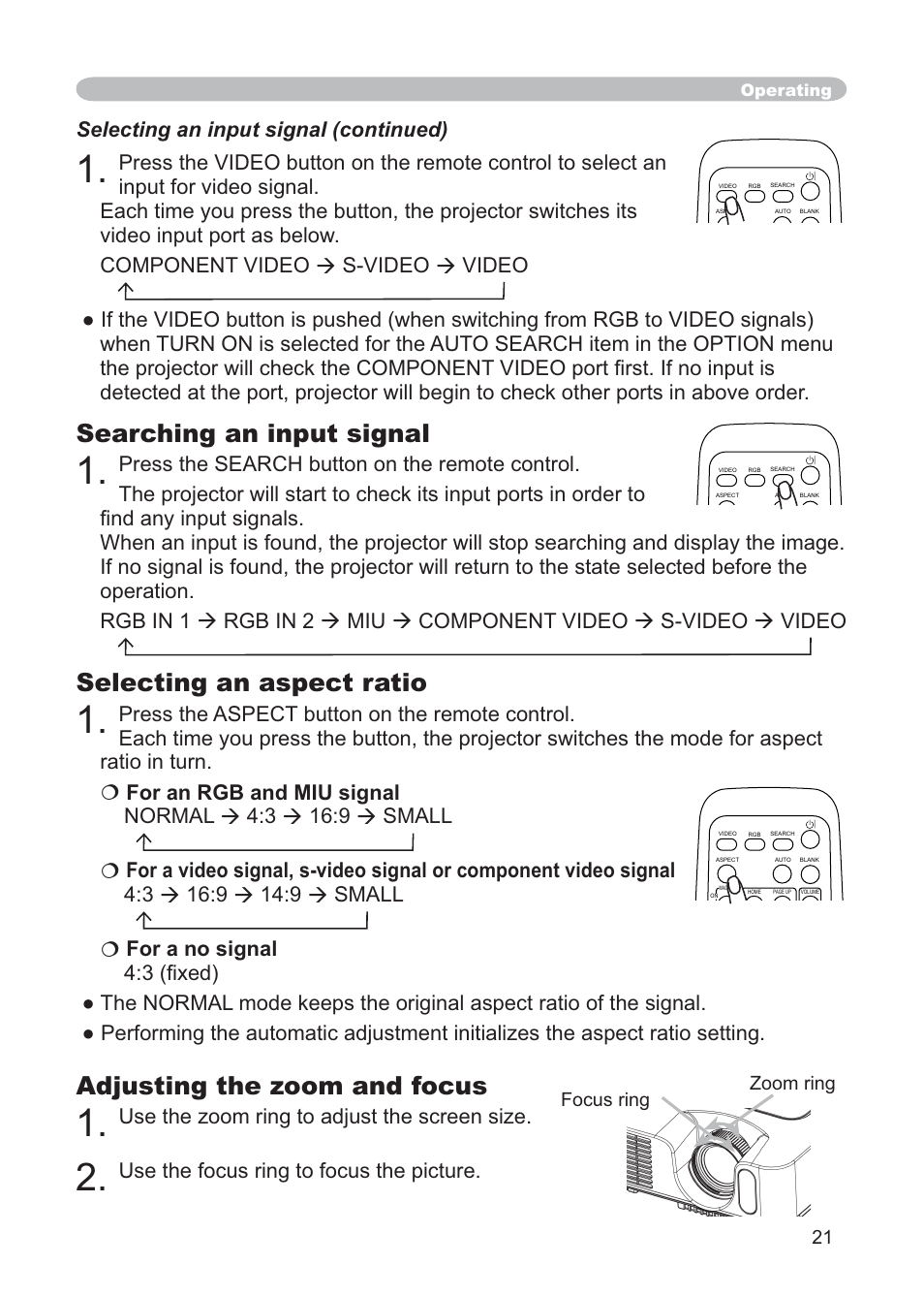 Adjusting the zoom and focus, Selecting an aspect ratio, Searching an input signal | Use the zoom ring to adjust the screen size, Use the focus ring to focus the picture, Selecting an input signal (continued) | Hitachi CP-X268AWF User Manual | Page 30 / 163