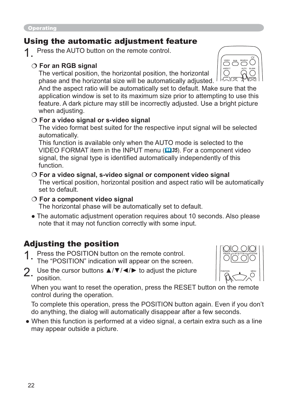 Using the automatic adjustment feature, Adjusting the position | Hitachi CP-X268AWF User Manual | Page 31 / 163