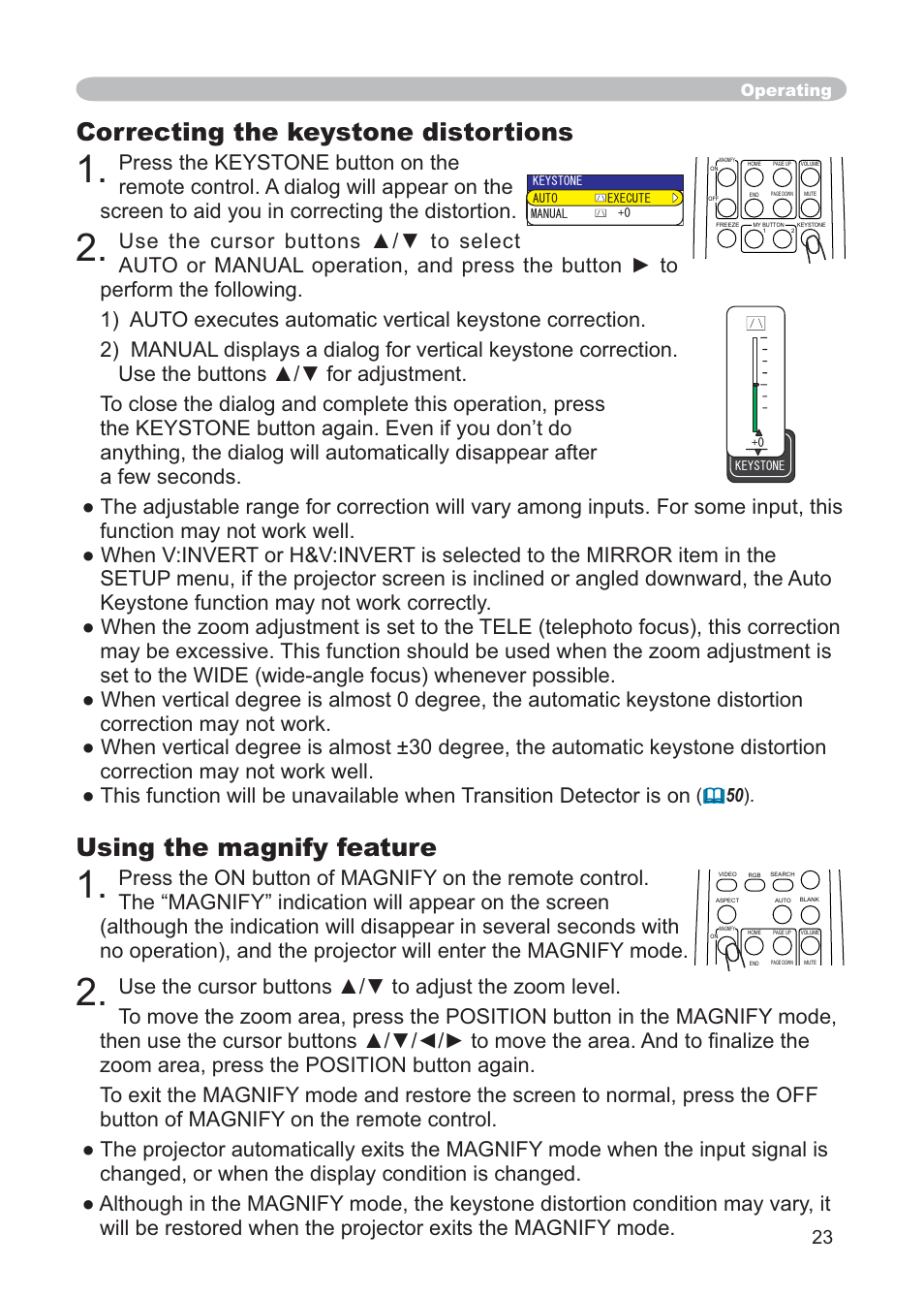 Using the magnify feature, Correcting the keystone distortions | Hitachi CP-X268AWF User Manual | Page 32 / 163