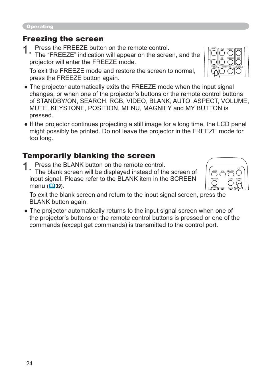 Freezing the screen, Temporarily blanking the screen, Operating | Hitachi CP-X268AWF User Manual | Page 33 / 163