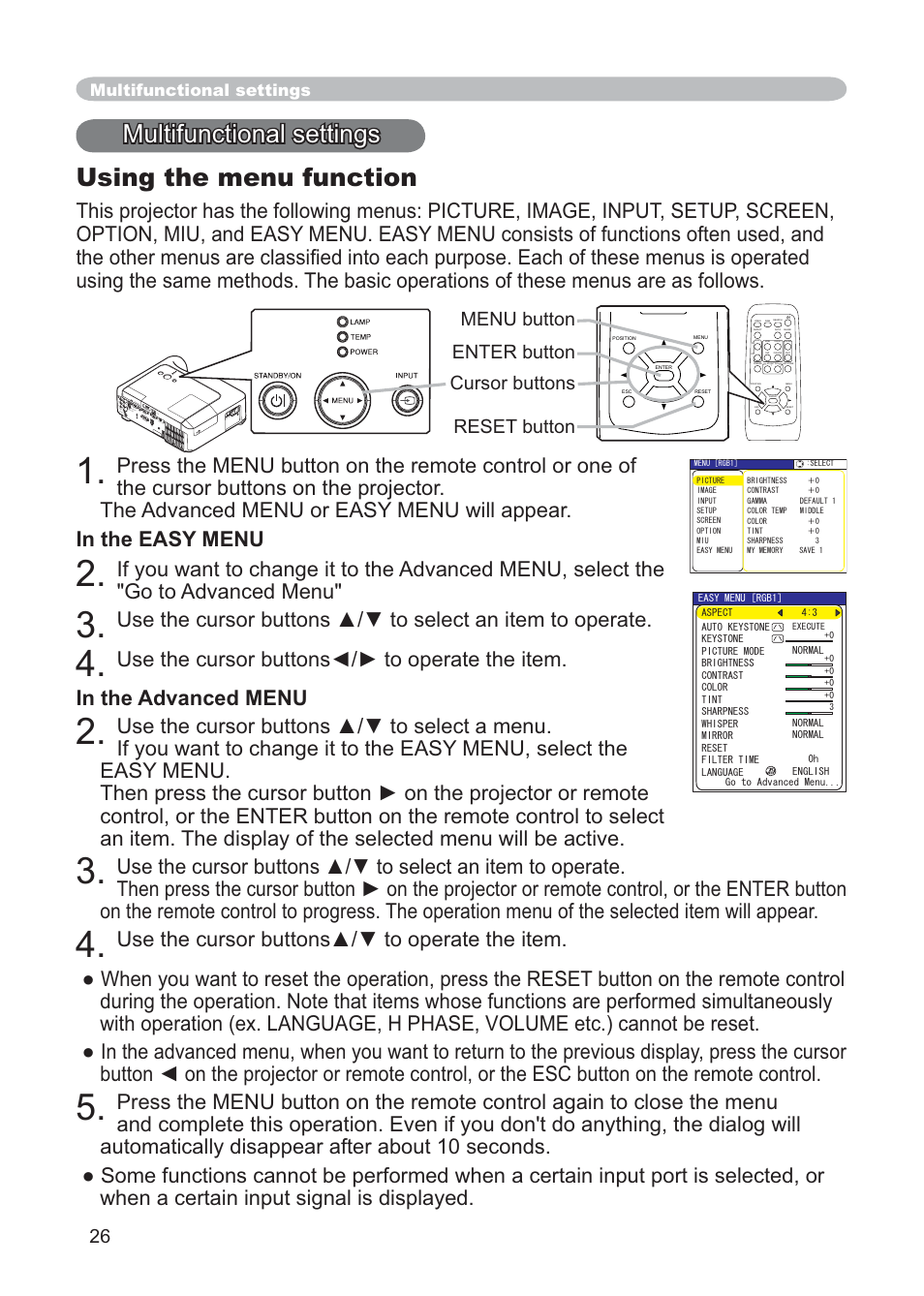 Multifunctional settings using the menu function, Multifunctional settings | Hitachi CP-X268AWF User Manual | Page 35 / 163