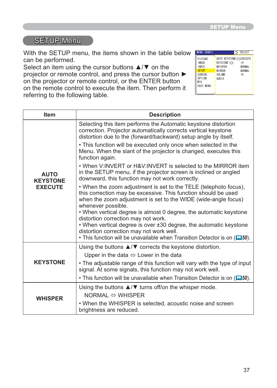 Setup menu | Hitachi CP-X268AWF User Manual | Page 46 / 163