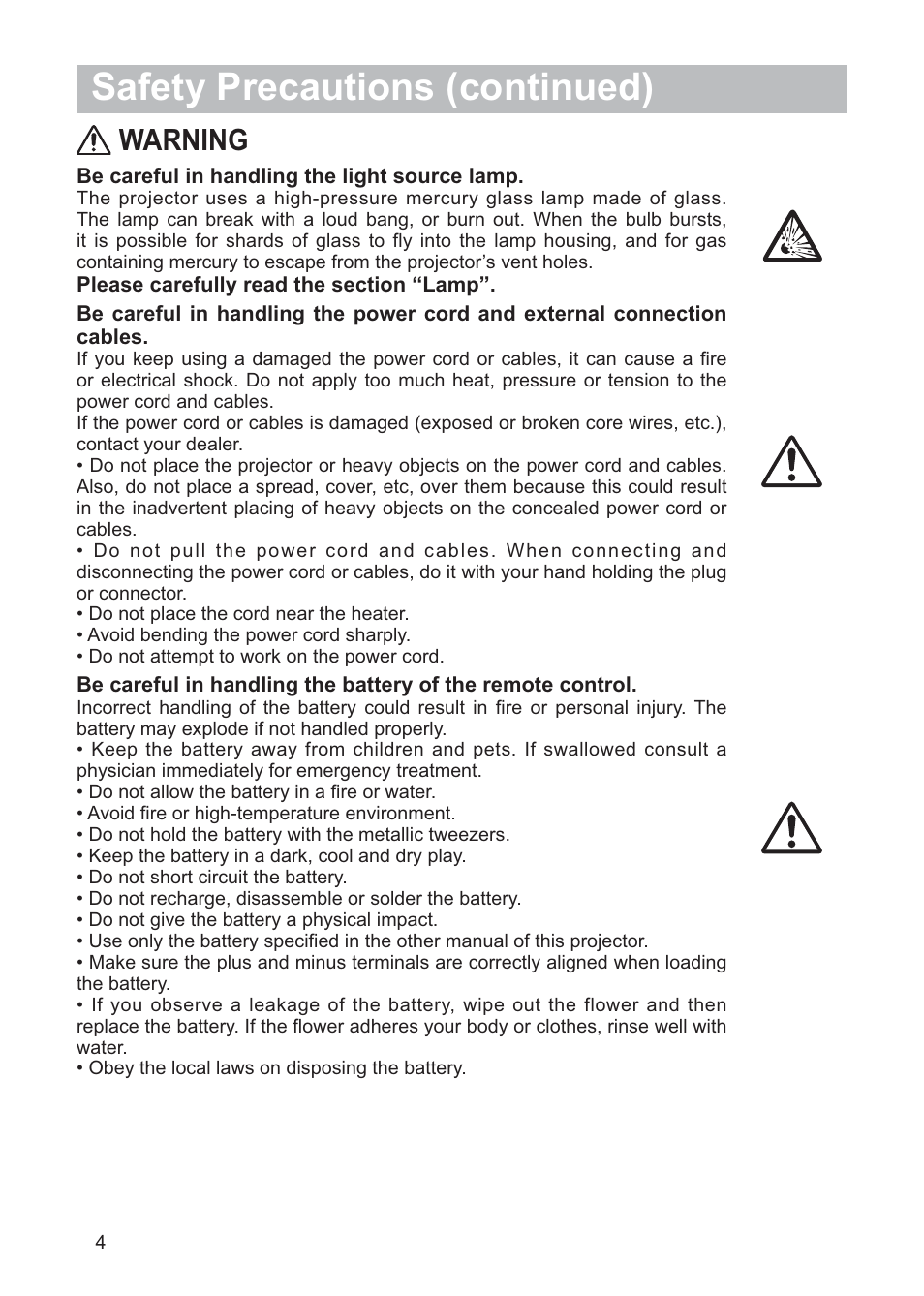 Safety precautions (continued), Warning | Hitachi CP-X268AWF User Manual | Page 5 / 163