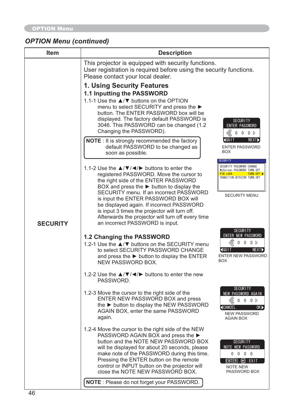 Using security features, Option menu (continued), 1 inputting the password | 2 changing the password | Hitachi CP-X268AWF User Manual | Page 55 / 163