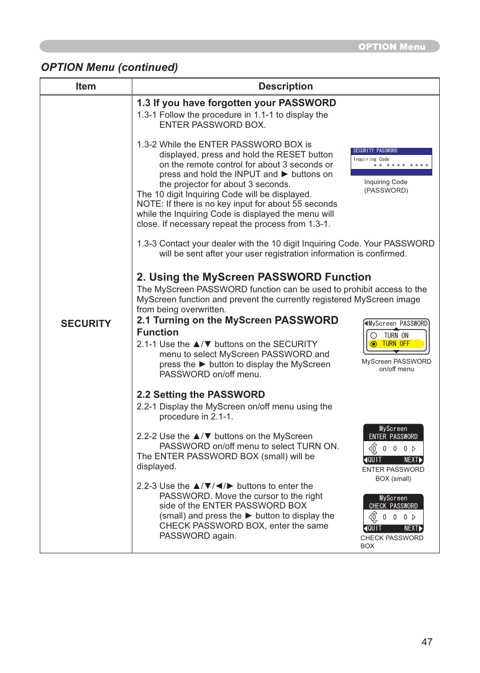 Using the myscreen password function, Password, Option menu (continued) | Hitachi CP-X268AWF User Manual | Page 56 / 163