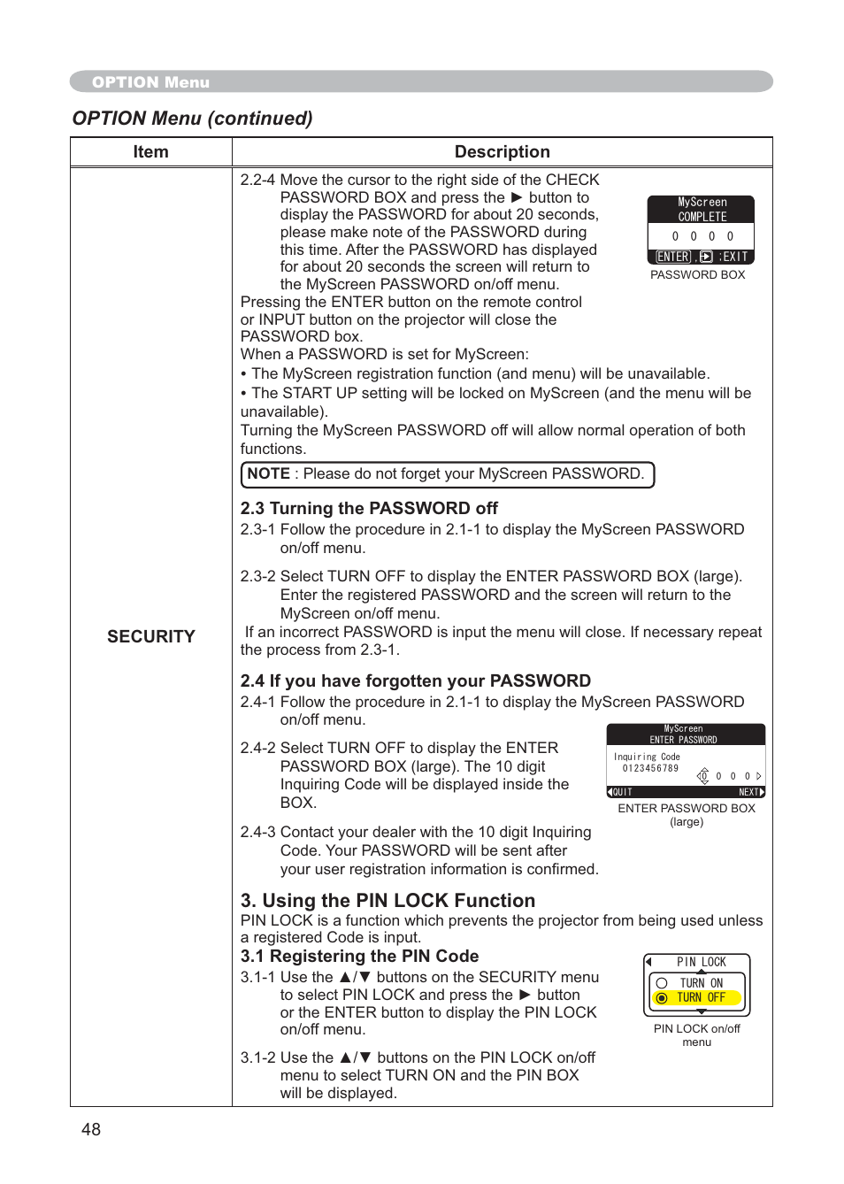 Using the pin lock function, Option menu (continued) | Hitachi CP-X268AWF User Manual | Page 57 / 163