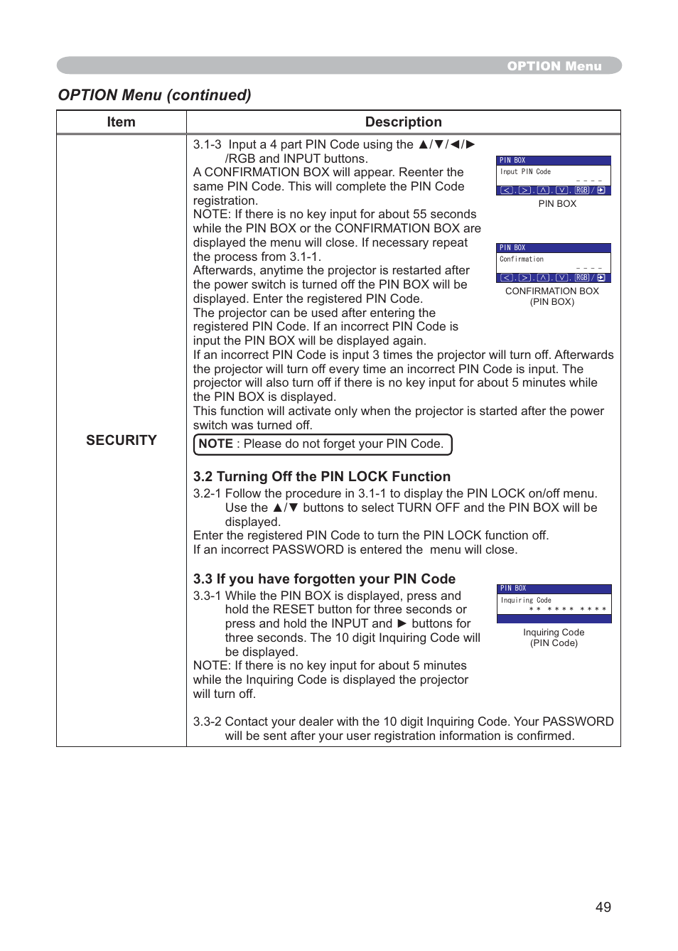 Option menu (continued), 49 item description security, 2 turning off the pin lock function | 3 if you have forgotten your pin code | Hitachi CP-X268AWF User Manual | Page 58 / 163