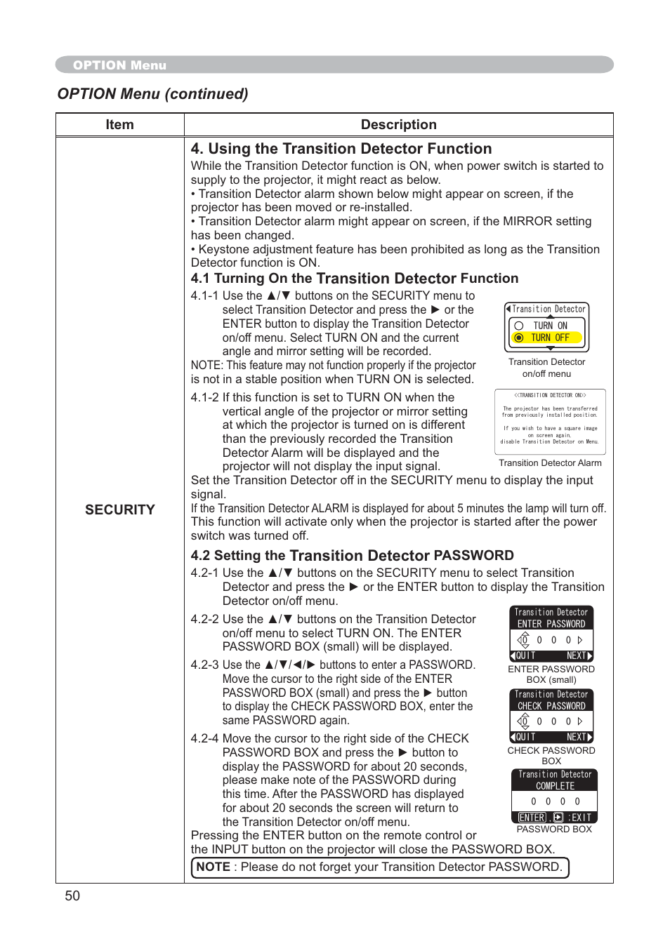Using the transition detector function, Transition detector, Option menu (continued) | 50 item description security, 1 turning on the, Function, 2 setting the, Password | Hitachi CP-X268AWF User Manual | Page 59 / 163