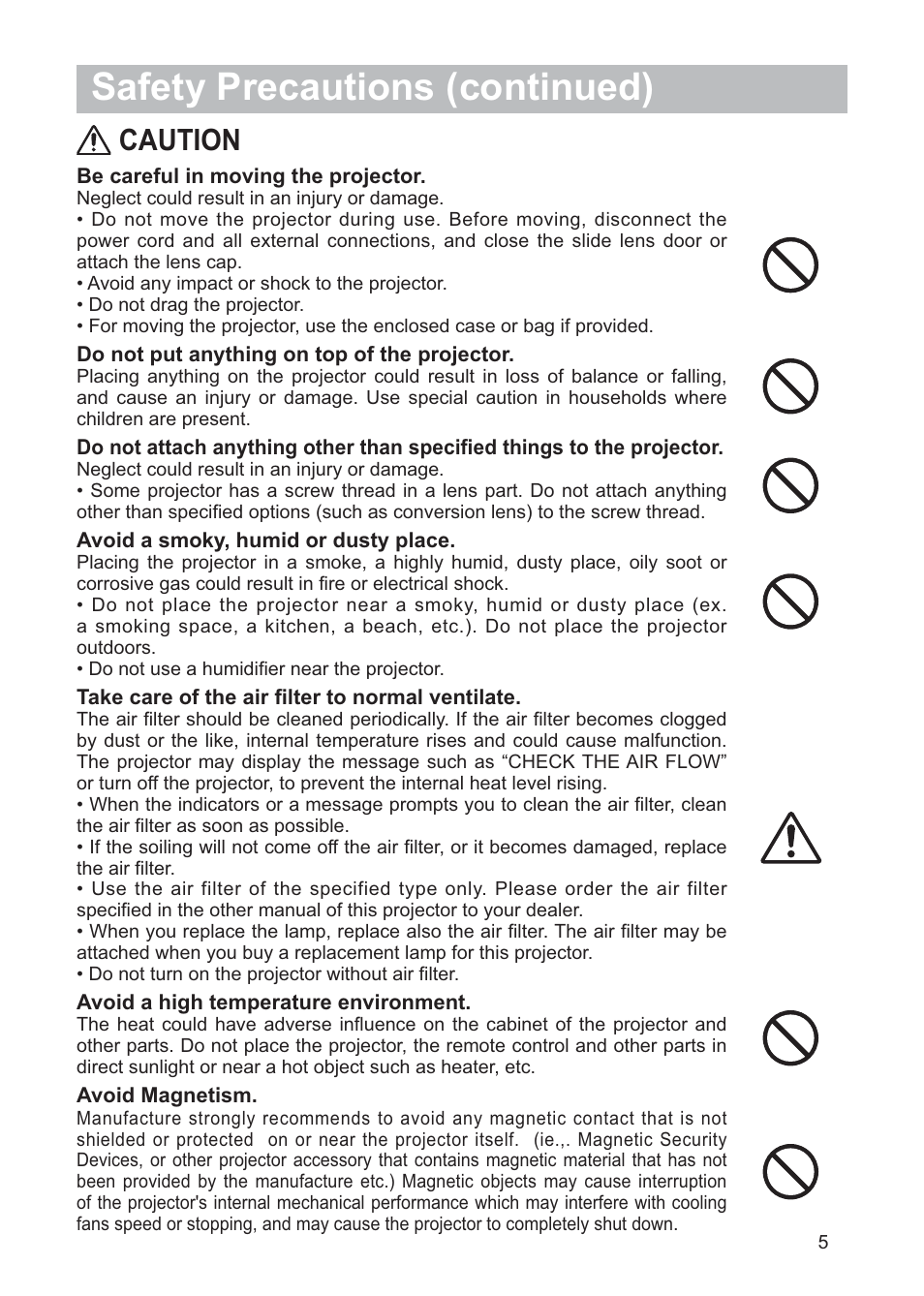 Safety precautions (continued), Caution | Hitachi CP-X268AWF User Manual | Page 6 / 163
