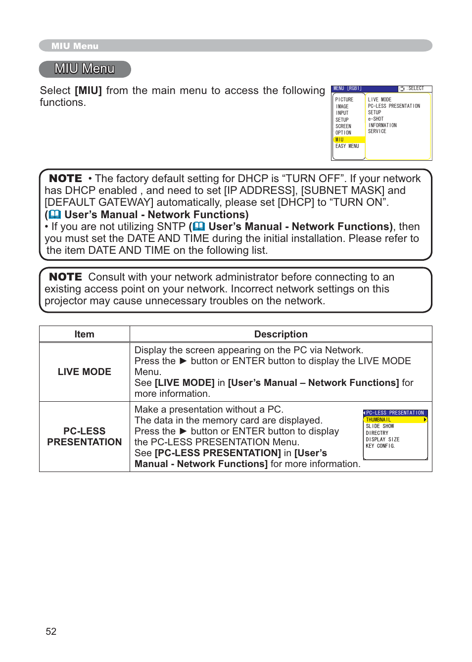 Miu menu | Hitachi CP-X268AWF User Manual | Page 61 / 163