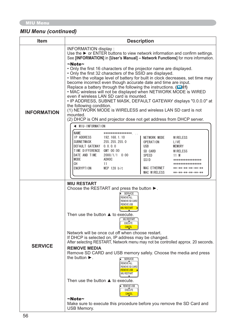 Miu menu (continued), Item description information, Service | Hitachi CP-X268AWF User Manual | Page 65 / 163