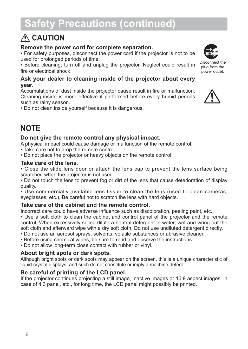 Safety precautions (continued), Caution | Hitachi CP-X268AWF User Manual | Page 7 / 163