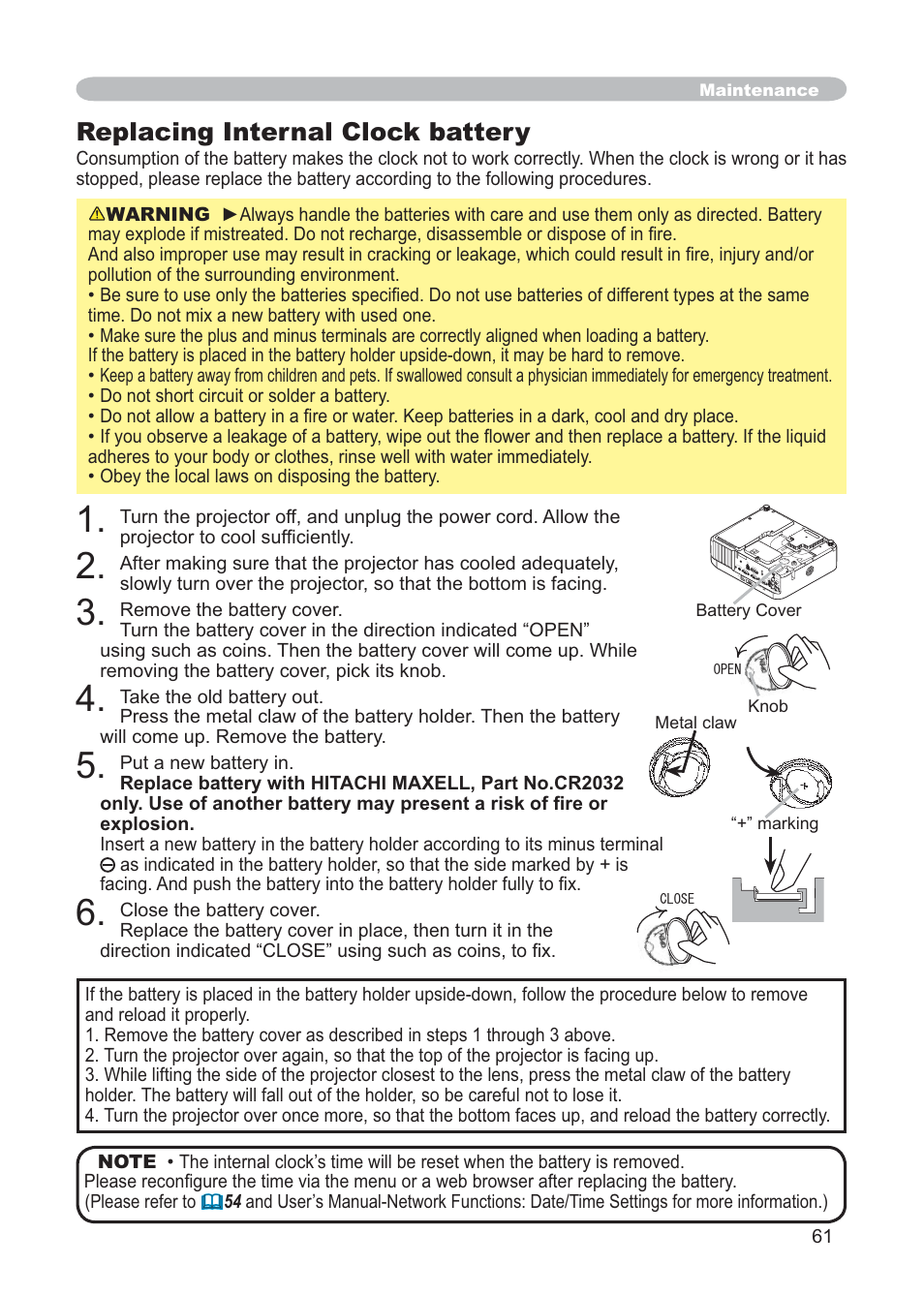 Replacing internal clock battery | Hitachi CP-X268AWF User Manual | Page 70 / 163