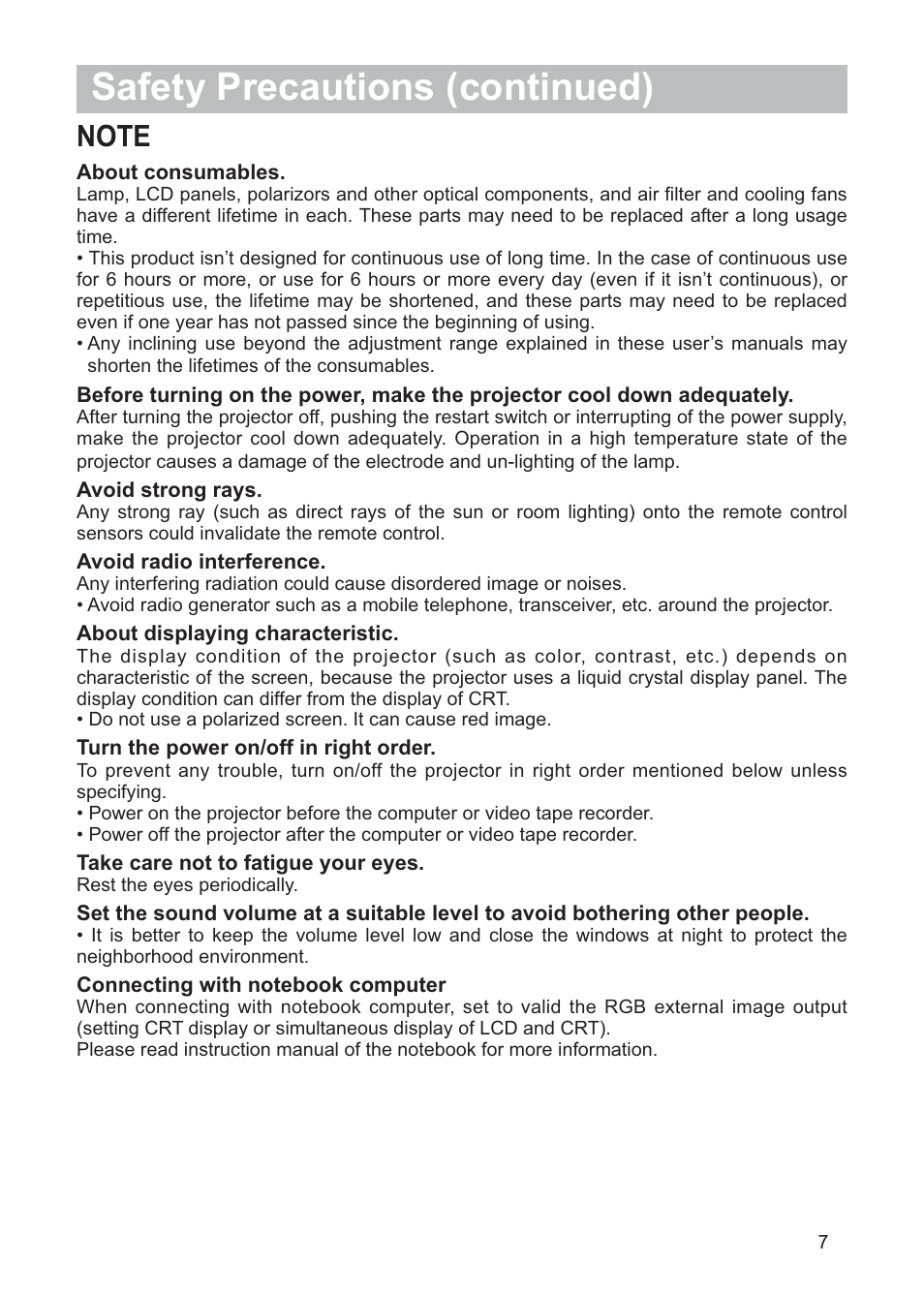 Safety precautions (continued) | Hitachi CP-X268AWF User Manual | Page 8 / 163