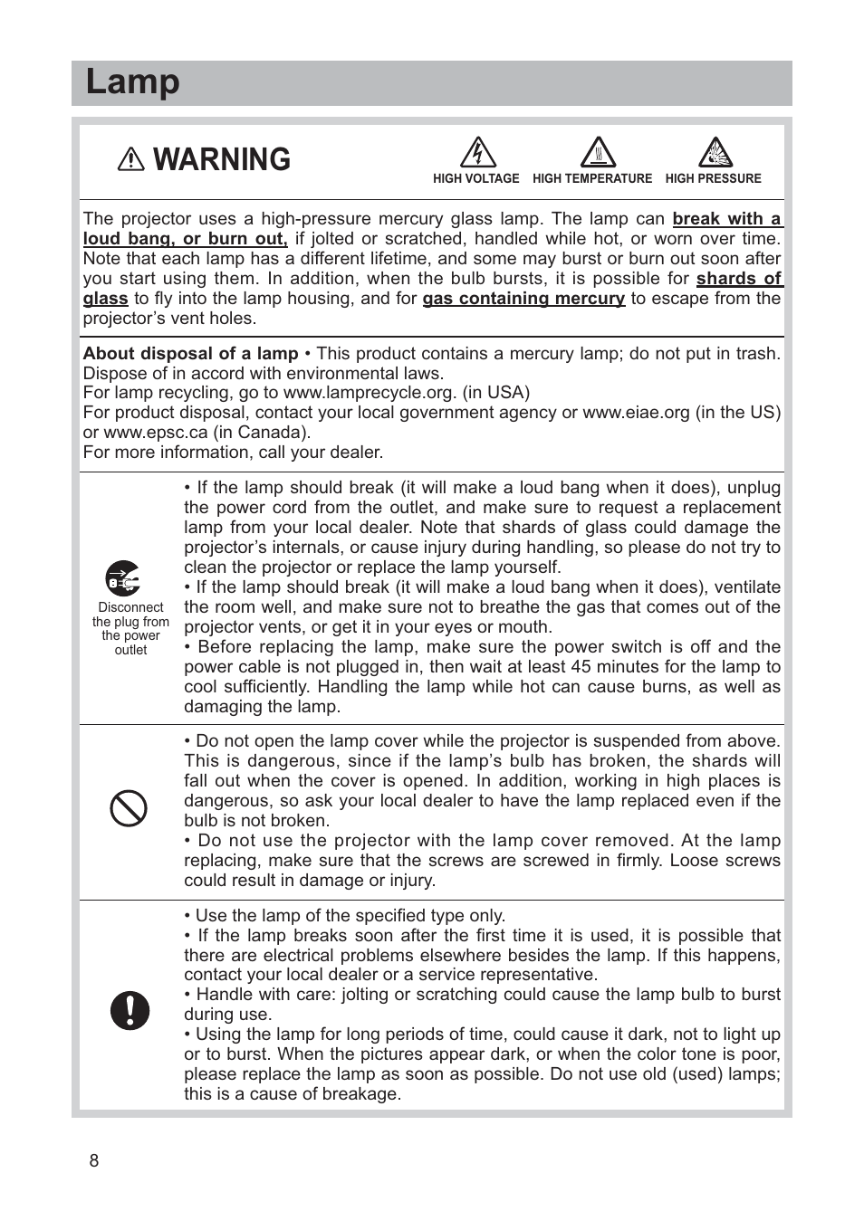 Lamp, Warning | Hitachi CP-X268AWF User Manual | Page 9 / 163