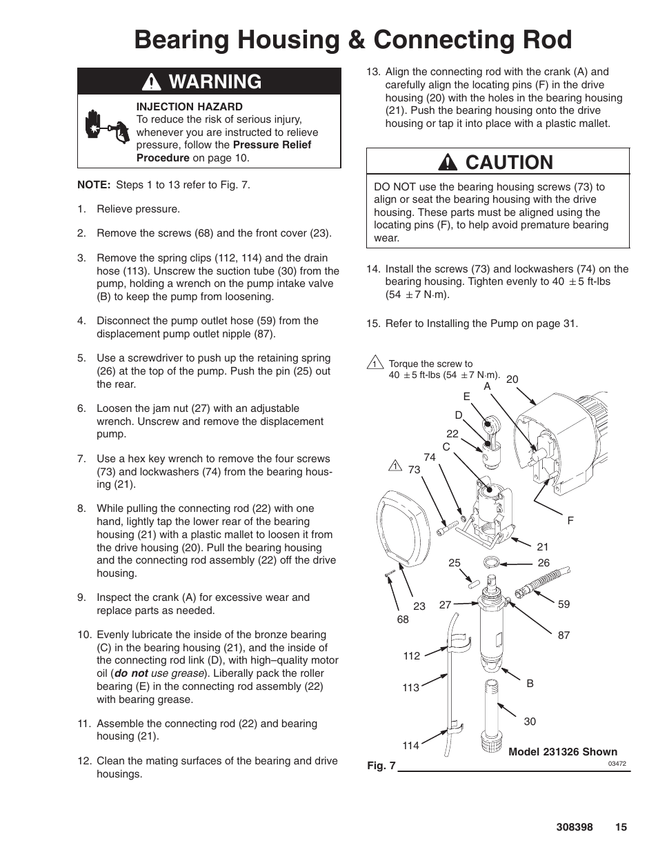 Bearing housing & connecting rod, Warning, Caution | Hitachi GM7000 231327 User Manual | Page 15 / 36