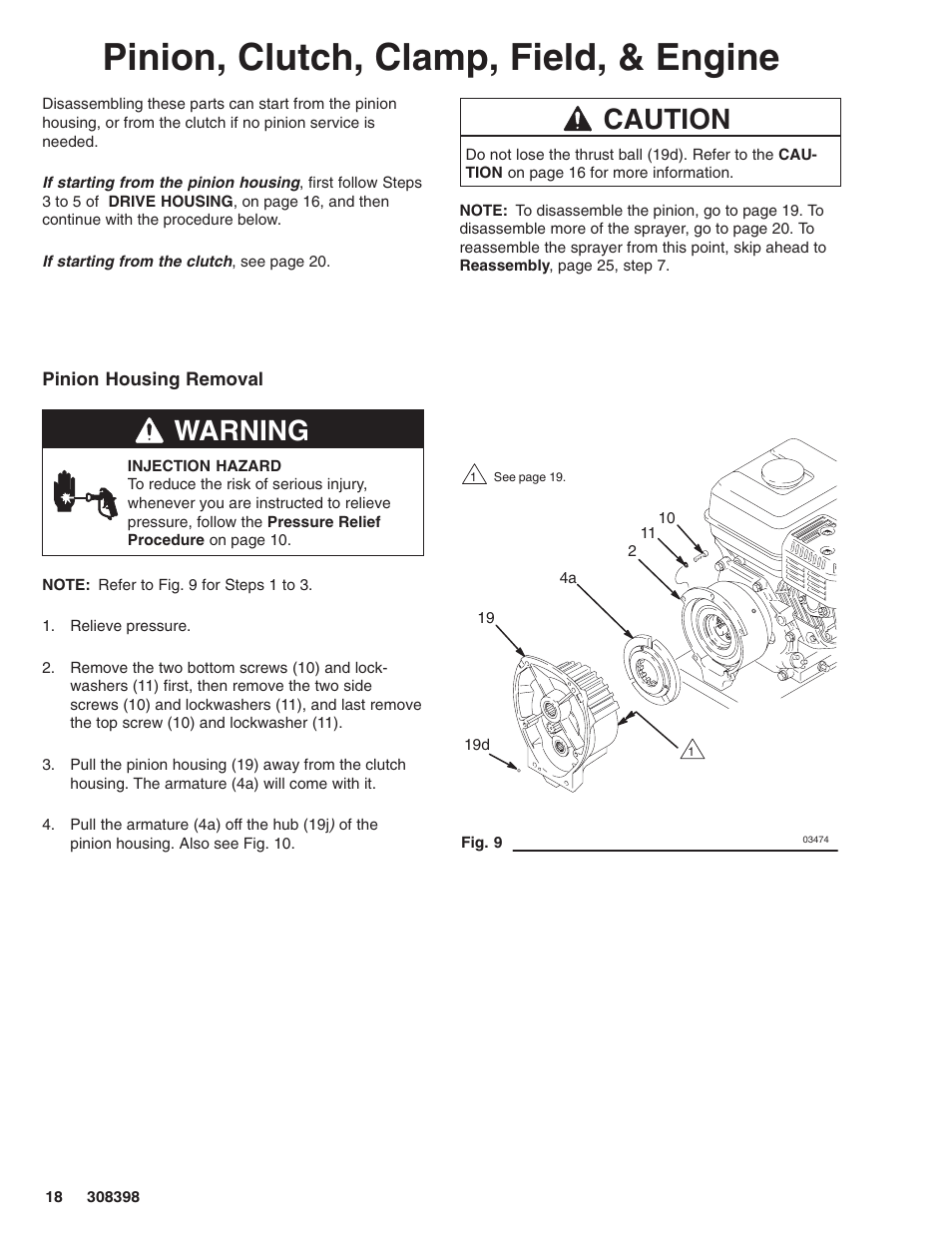 Pinion, clutch, clamp, field, & engine, Warning, Caution | Hitachi GM7000 231327 User Manual | Page 18 / 36