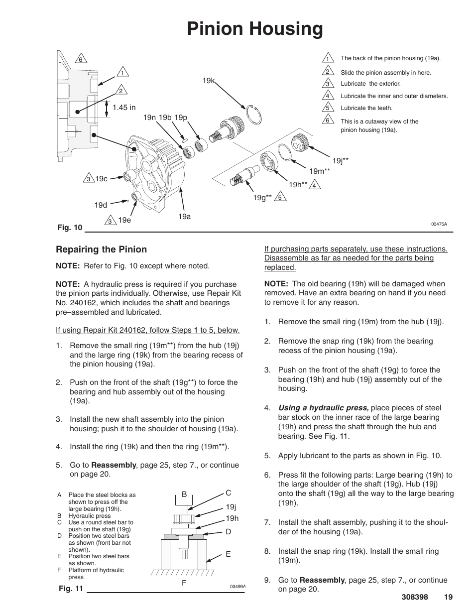 Pinion housing, Repairing the pinion | Hitachi GM7000 231327 User Manual | Page 19 / 36