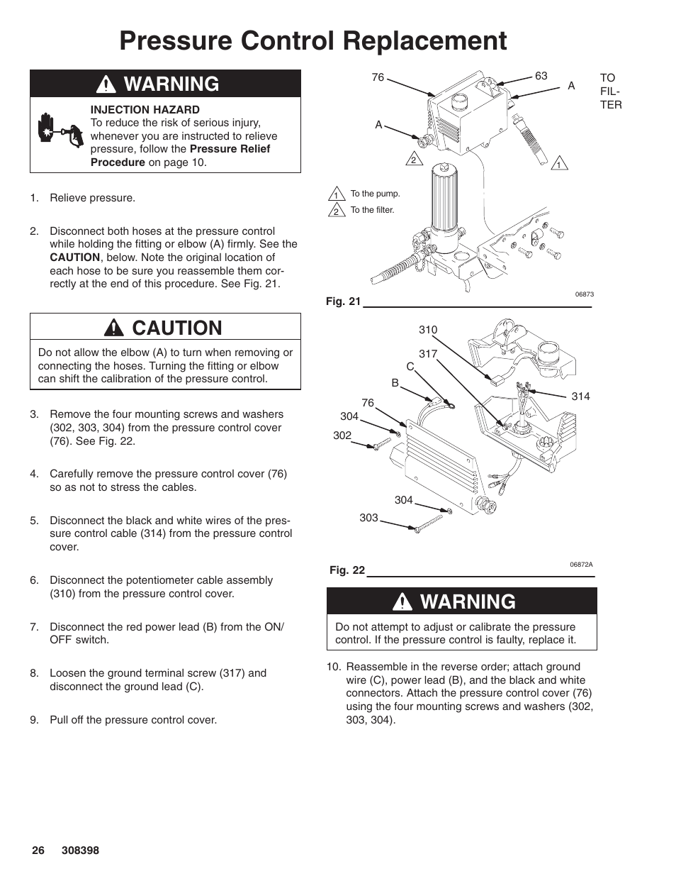 Pressure control replacement, Warning, Caution | Hitachi GM7000 231327 User Manual | Page 26 / 36