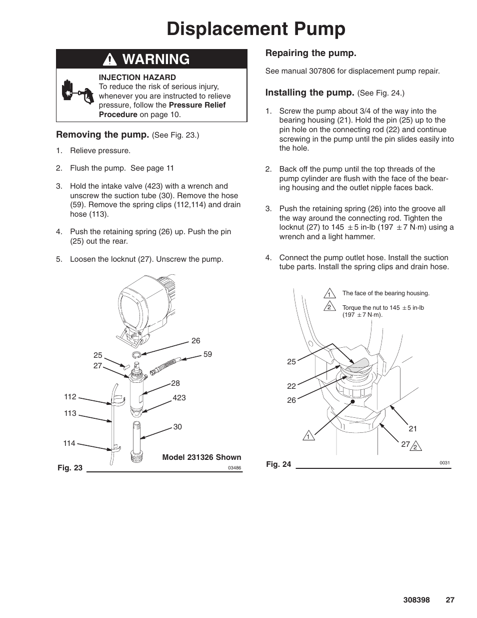 Displacement pump, Warning | Hitachi GM7000 231327 User Manual | Page 27 / 36