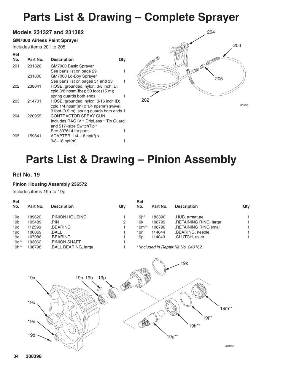 Parts list & drawing – complete sprayer, Parts list & drawing – pinion assembly, Ref no. 19 | Hitachi GM7000 231327 User Manual | Page 34 / 36