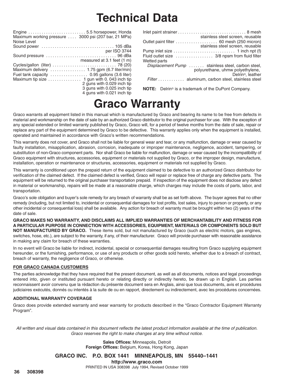 Technical data, Graco warranty | Hitachi GM7000 231327 User Manual | Page 36 / 36