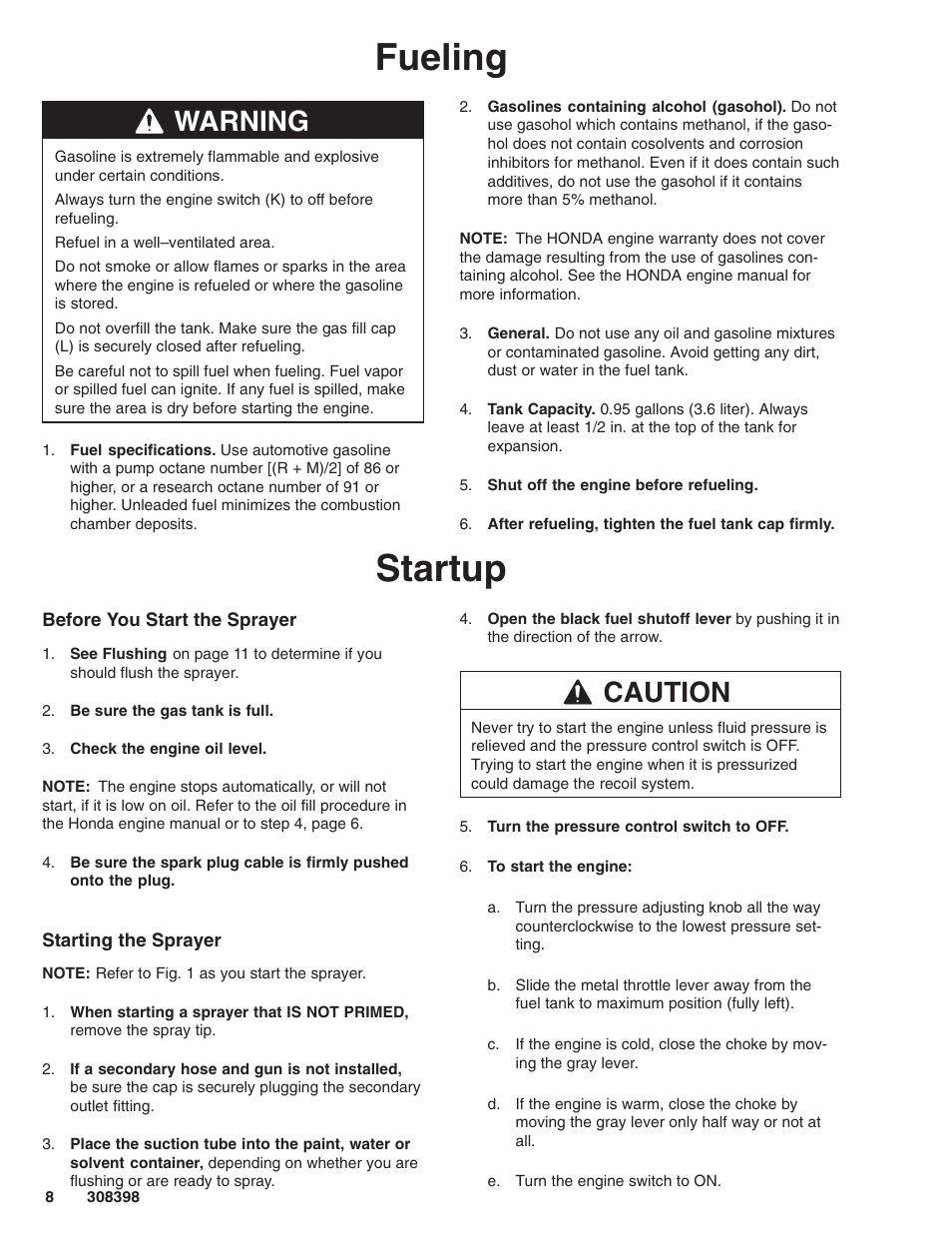 Fueling, Startup, Warning | Caution | Hitachi GM7000 231327 User Manual | Page 8 / 36