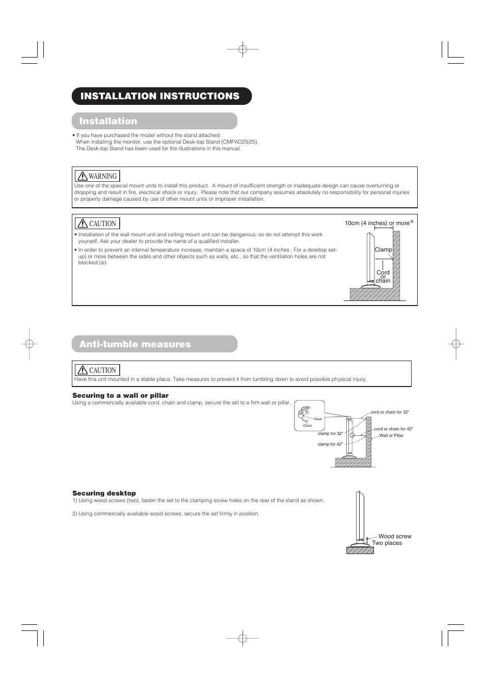 Anti-tumble measures, Installation instructions installation, Caution | Warning | Hitachi 42PD5000 User Manual | Page 10 / 76