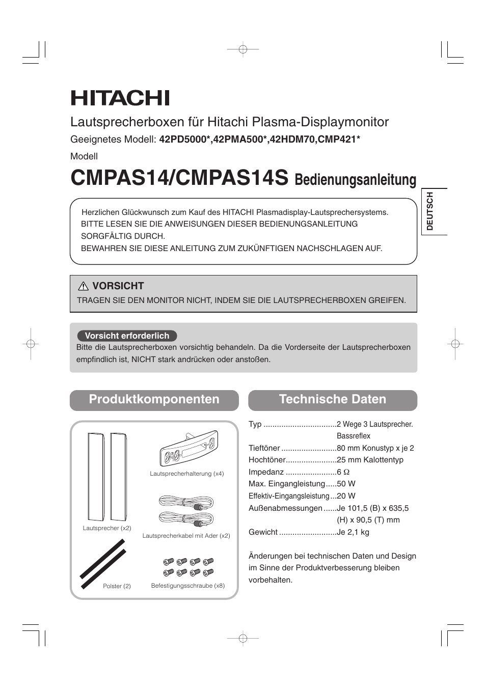 Cmpas14/cmpas14s, Bedienungsanleitung, Produktkomponenten technische daten | Hitachi 42PD5000 User Manual | Page 61 / 76