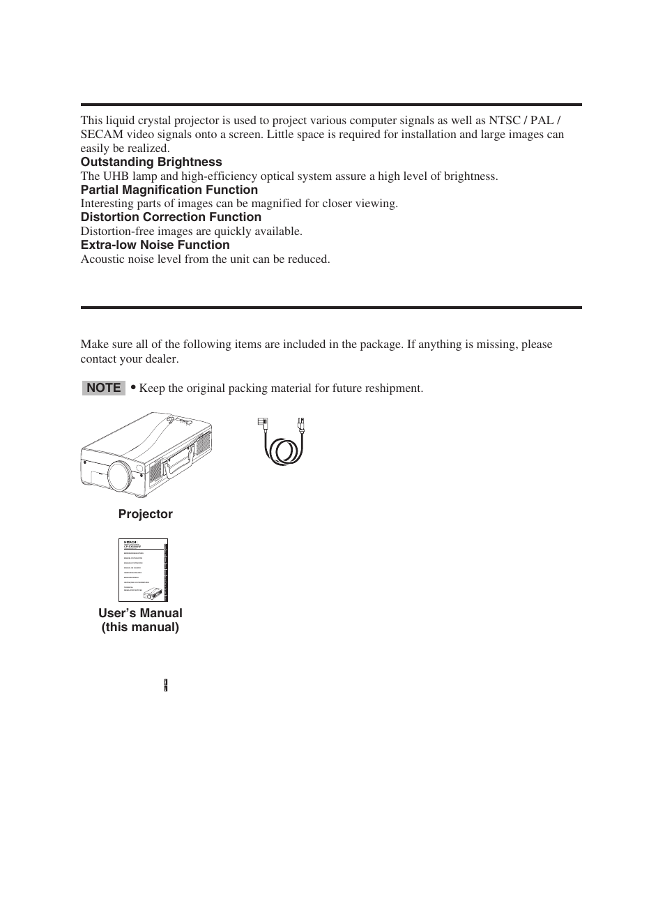 Features, Before use, Contents of package | English-2 | Hitachi CP-SX5500W User Manual | Page 3 / 39