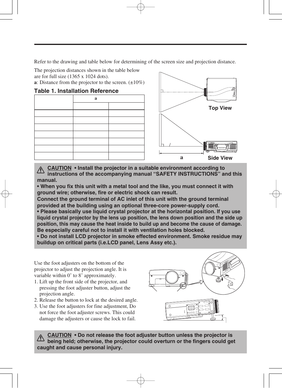 Installation, Installation of the projector and screen, Angle adjustment | Hitachi CP-SX5500W User Manual | Page 7 / 39