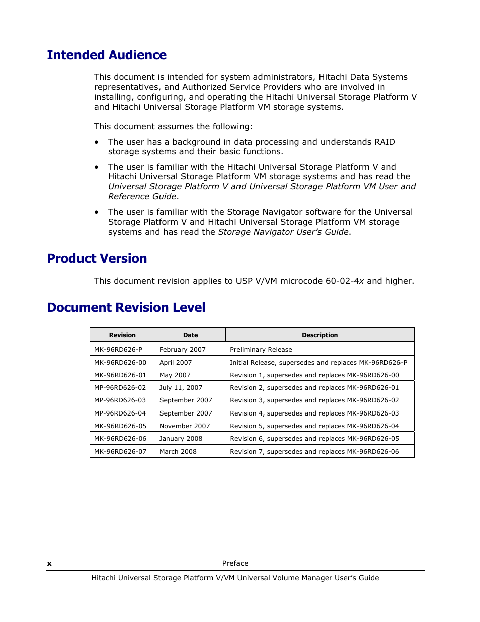 Product version, Intended audience, Document revision level | Hitachi MK-96RD626-07 User Manual | Page 10 / 205