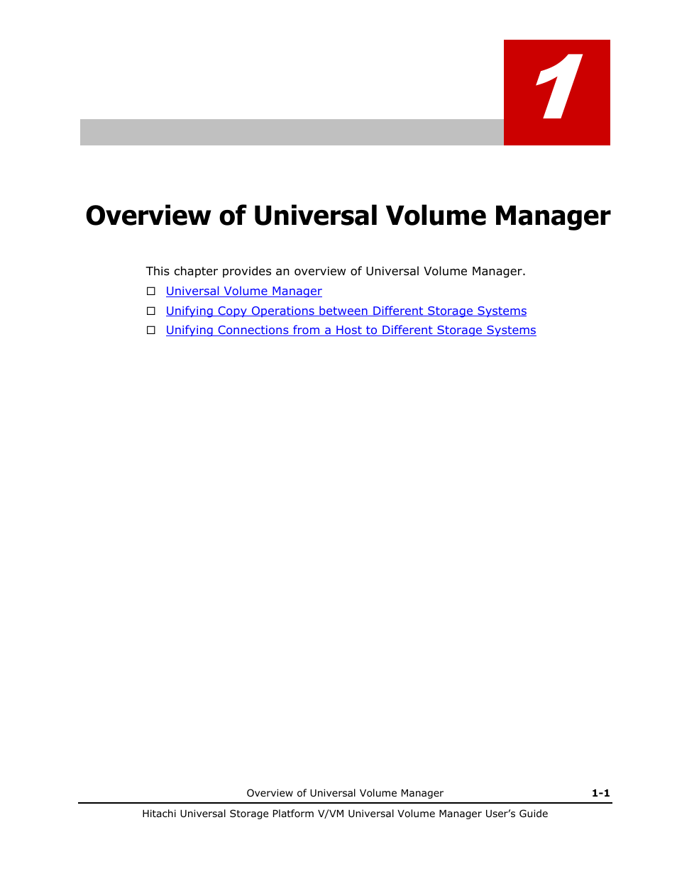 Overview of universal volume manager, Overview of universal volume manager -1 | Hitachi MK-96RD626-07 User Manual | Page 17 / 205