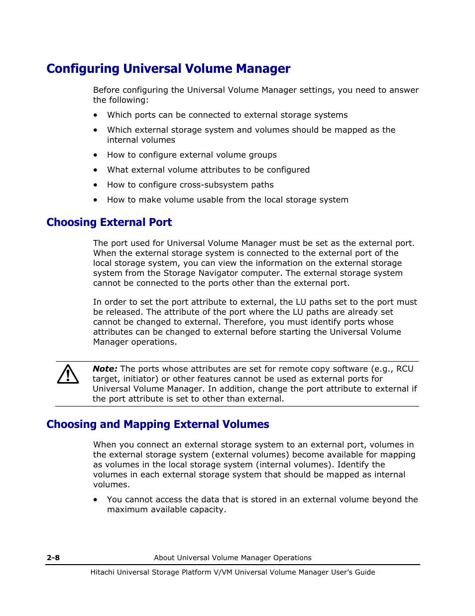Configuring universal volume manager, Choosing external port, Choosing and mapping external volumes | Configuring universal volume manager -8, Choosing external port -8, Choosing and mapping external volumes -8 | Hitachi MK-96RD626-07 User Manual | Page 28 / 205
