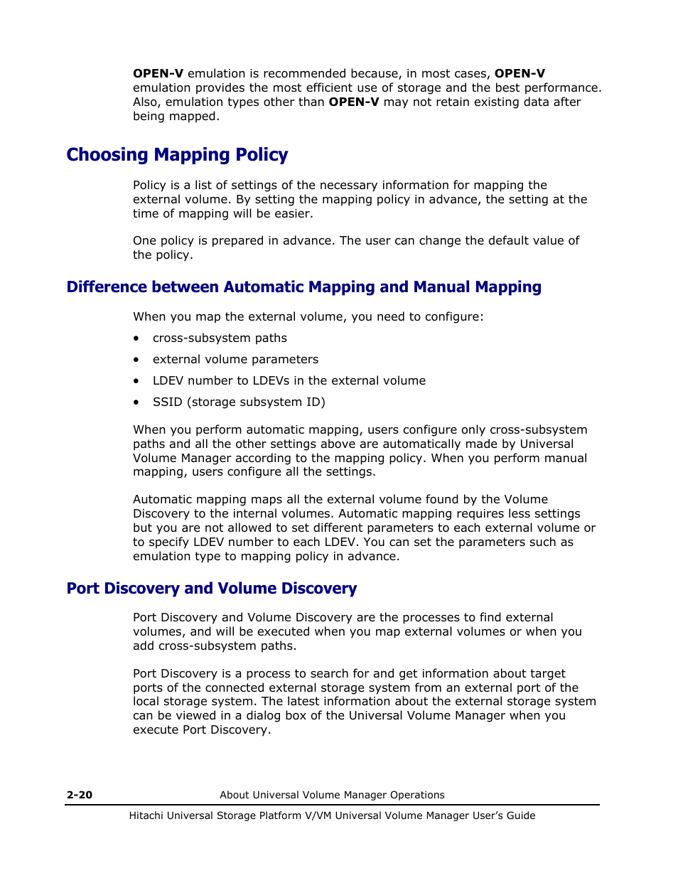 Choosing mapping policy, Port discovery and volume discovery, Choosing mapping policy -20 | Port discovery and volume discovery -20 | Hitachi MK-96RD626-07 User Manual | Page 40 / 205