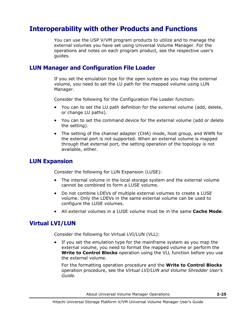 Interoperability with other products and functions, Lun manager and configuration file loader, Lun expansion | Virtual lvi/lun, Lun manager and configuration file loader -25, Lun expansion -25, Virtual lvi/lun -25 | Hitachi MK-96RD626-07 User Manual | Page 45 / 205