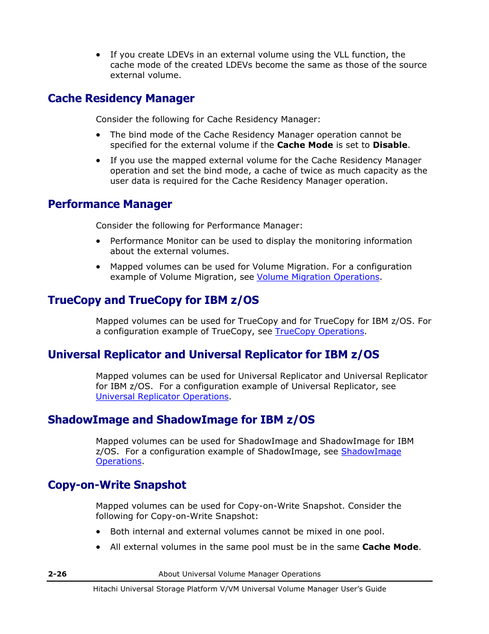 Cache residency manager, Performance manager, Truecopy and truecopy for ibm z/os | Shadowimage and shadowimage for ibm z/os, Copy-on-write snapshot, Cache residency manager -26, Performance manager -26, Truecopy and truecopy for z/os -26, Shadowimage and shadowimage for z/os -26, Copy-on-write snapshot -26 | Hitachi MK-96RD626-07 User Manual | Page 46 / 205