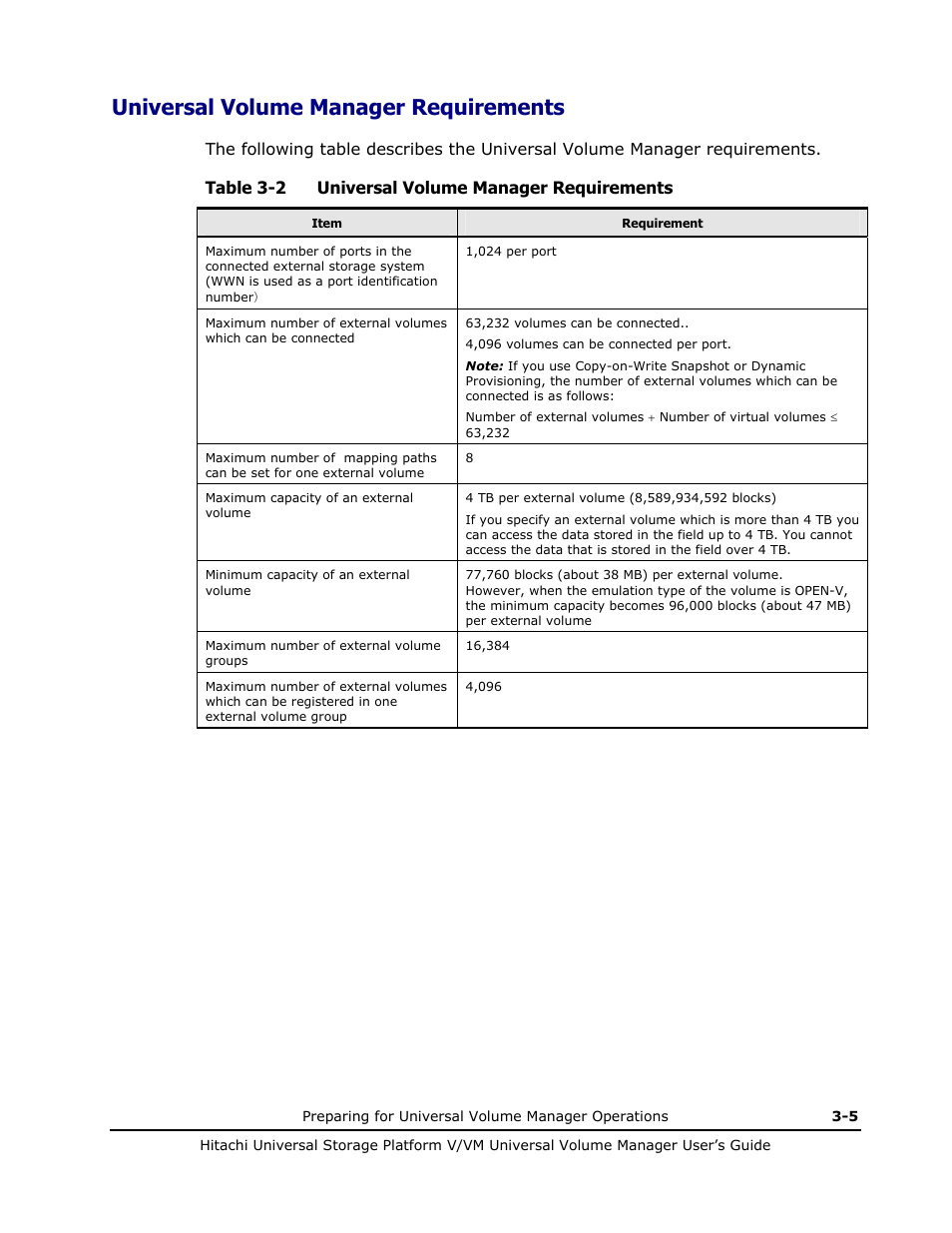 Universal volume manager requirements, Universal volume manager requirements -5, Table 3-2 universal volume manager requirements | Hitachi MK-96RD626-07 User Manual | Page 61 / 205