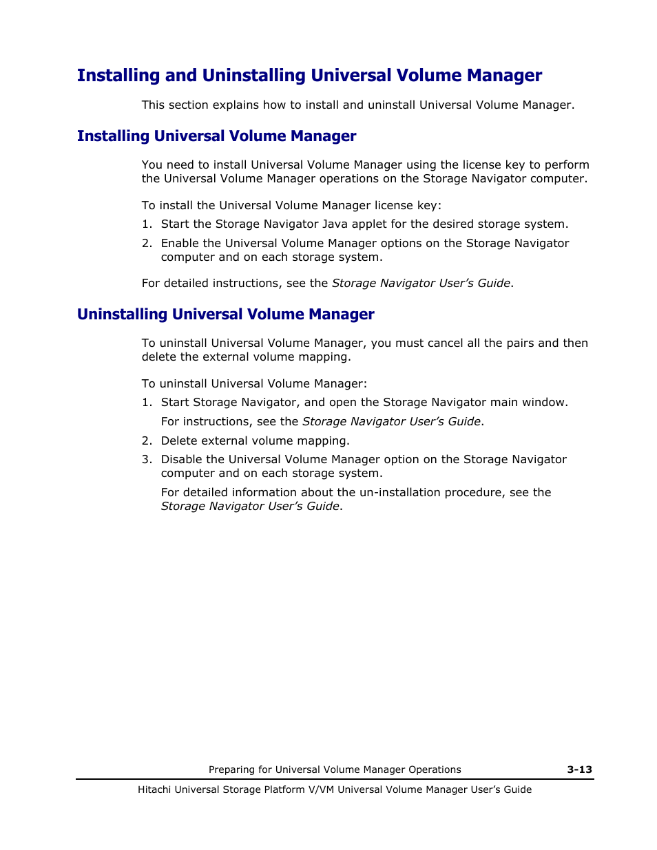 Installing universal volume manager, Uninstalling universal volume manager, Installing universal volume manager -13 | Uninstalling universal volume manager -13 | Hitachi MK-96RD626-07 User Manual | Page 69 / 205