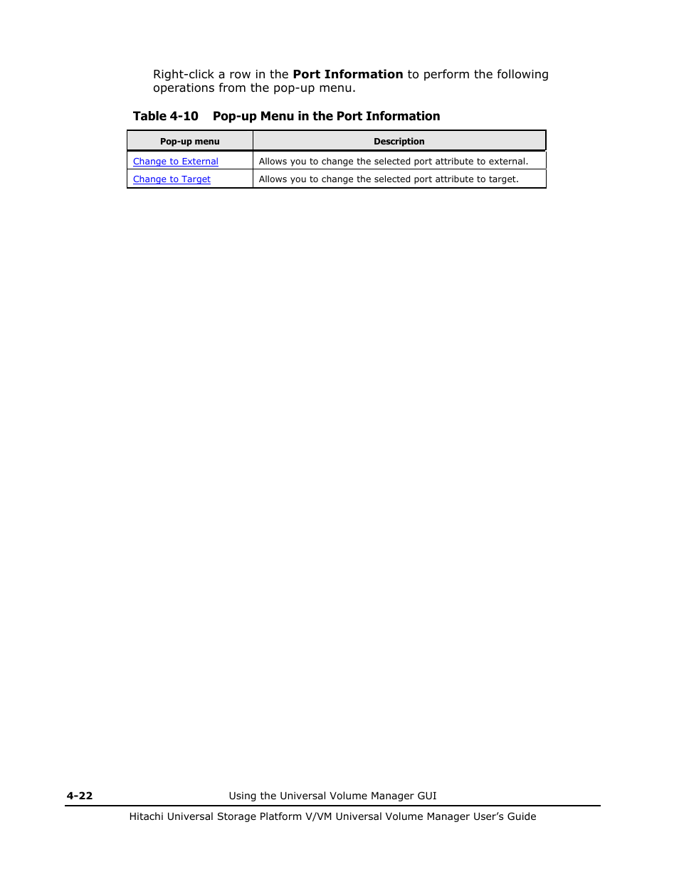 Table 4-10 pop-up menu in the port information | Hitachi MK-96RD626-07 User Manual | Page 92 / 205