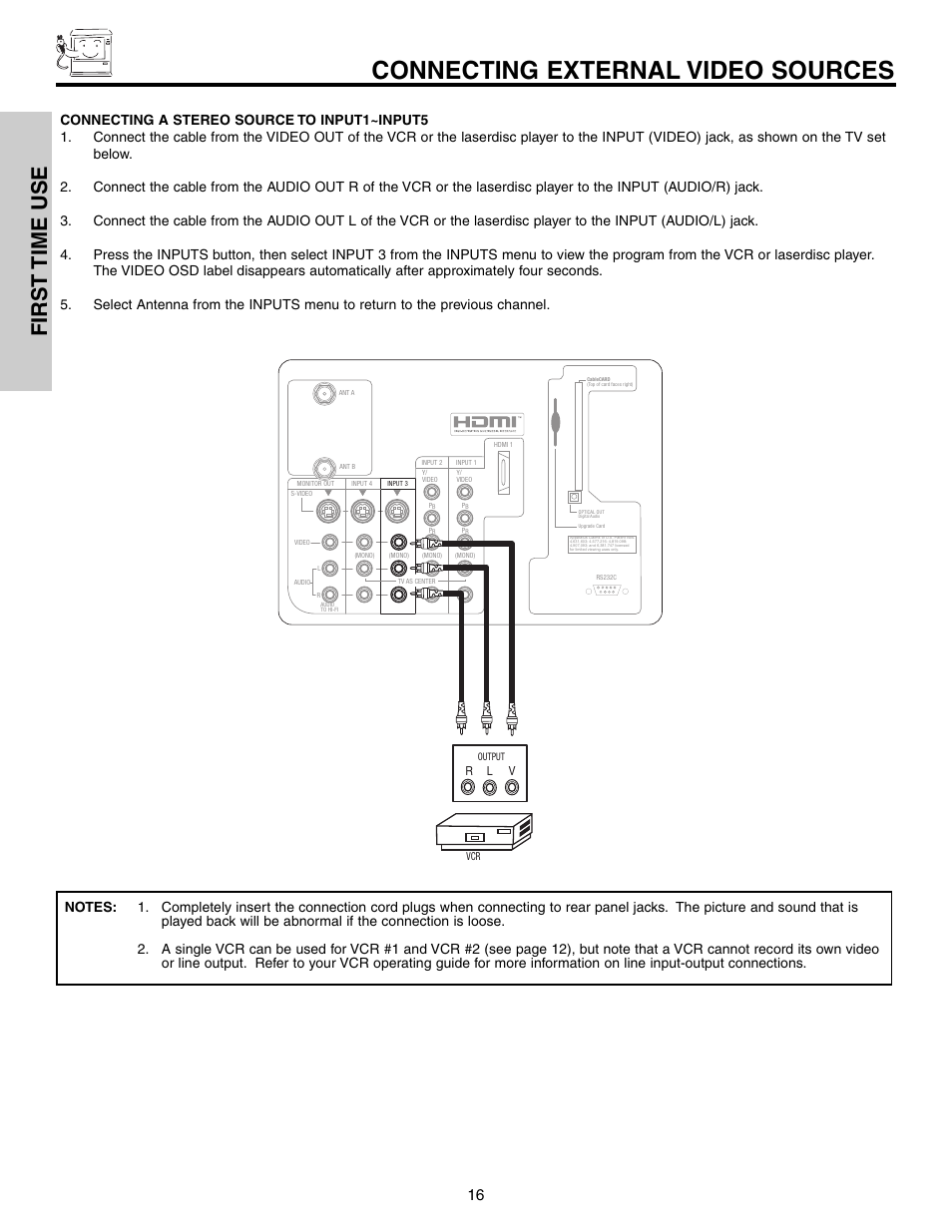 Connecting external video sources, First time use | Hitachi 51F710 User Manual | Page 16 / 80