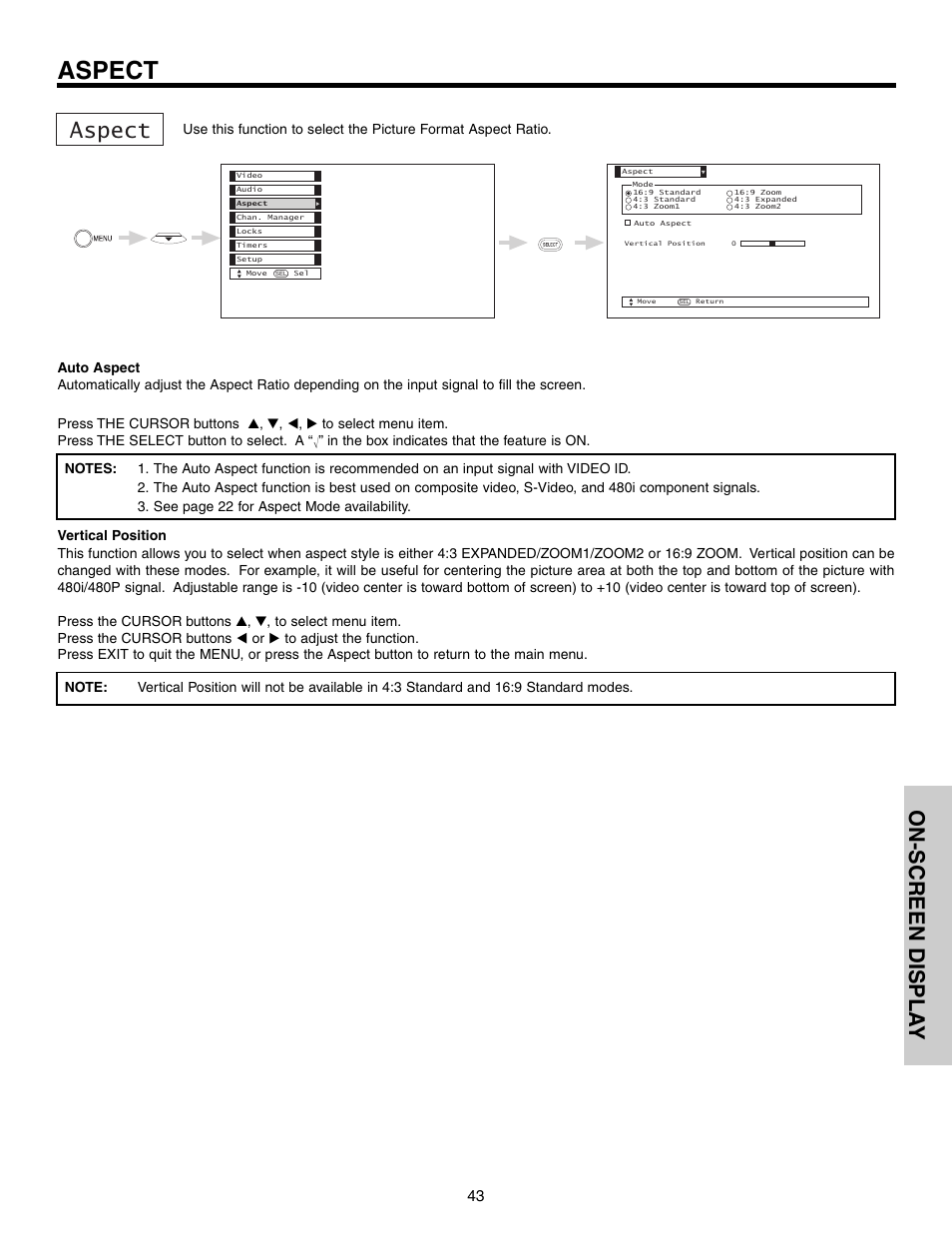 Aspect, On-screen displa y | Hitachi 51F710 User Manual | Page 43 / 80