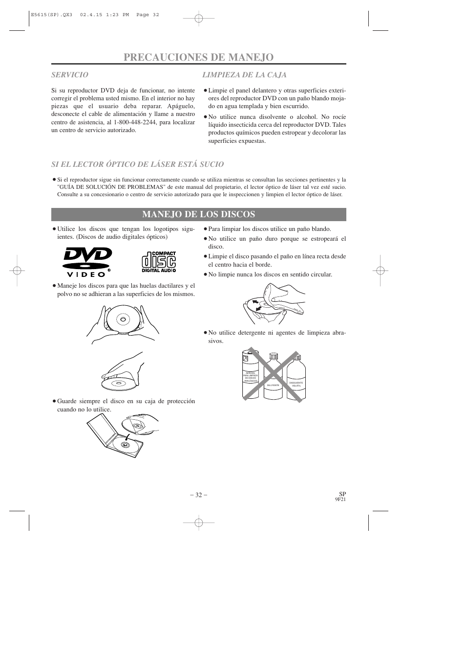 Precauciones de manejo, Manejo de los discos, Servicio | Limpieza de la caja, Si el lector óptico de láser está sucio | Hitachi DVP725U User Manual | Page 100 / 104