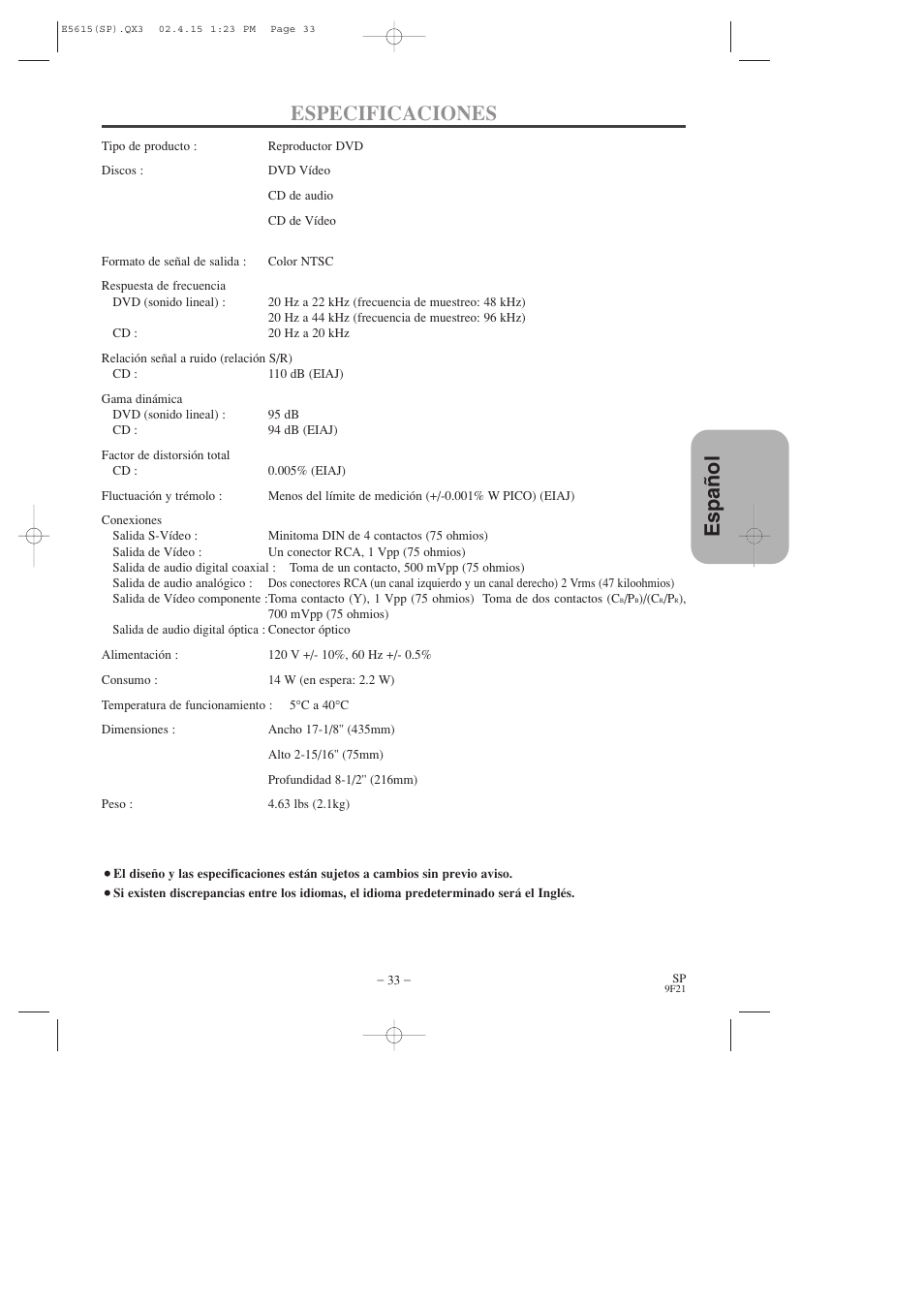 Espa ñ ol especificaciones | Hitachi DVP725U User Manual | Page 101 / 104