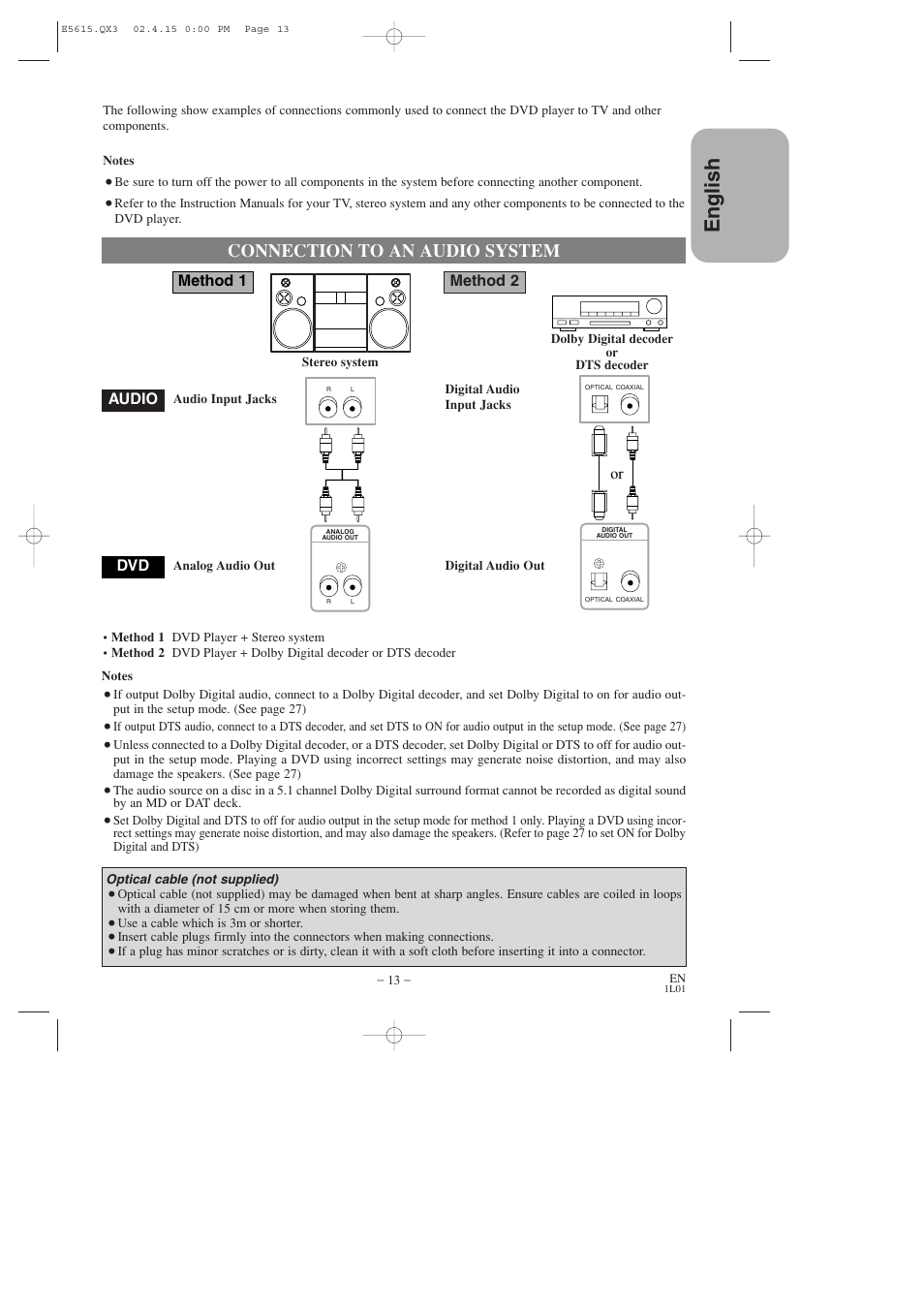 English, Connection to an audio system, Or audio dvd method 1 | Method 2 | Hitachi DVP725U User Manual | Page 13 / 104