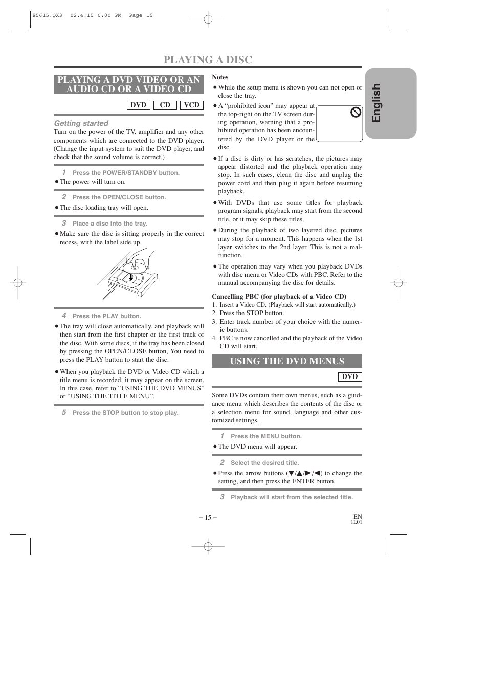 English, Playing a disc, Playing a dvd video or an audio cd or a video cd | Using the dvd menus | Hitachi DVP725U User Manual | Page 15 / 104