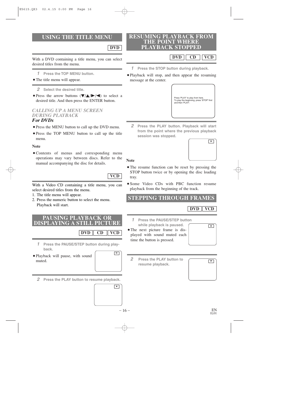 Using the title menu, Pausing playback or displaying a still picture, Stepping through frames | Hitachi DVP725U User Manual | Page 16 / 104