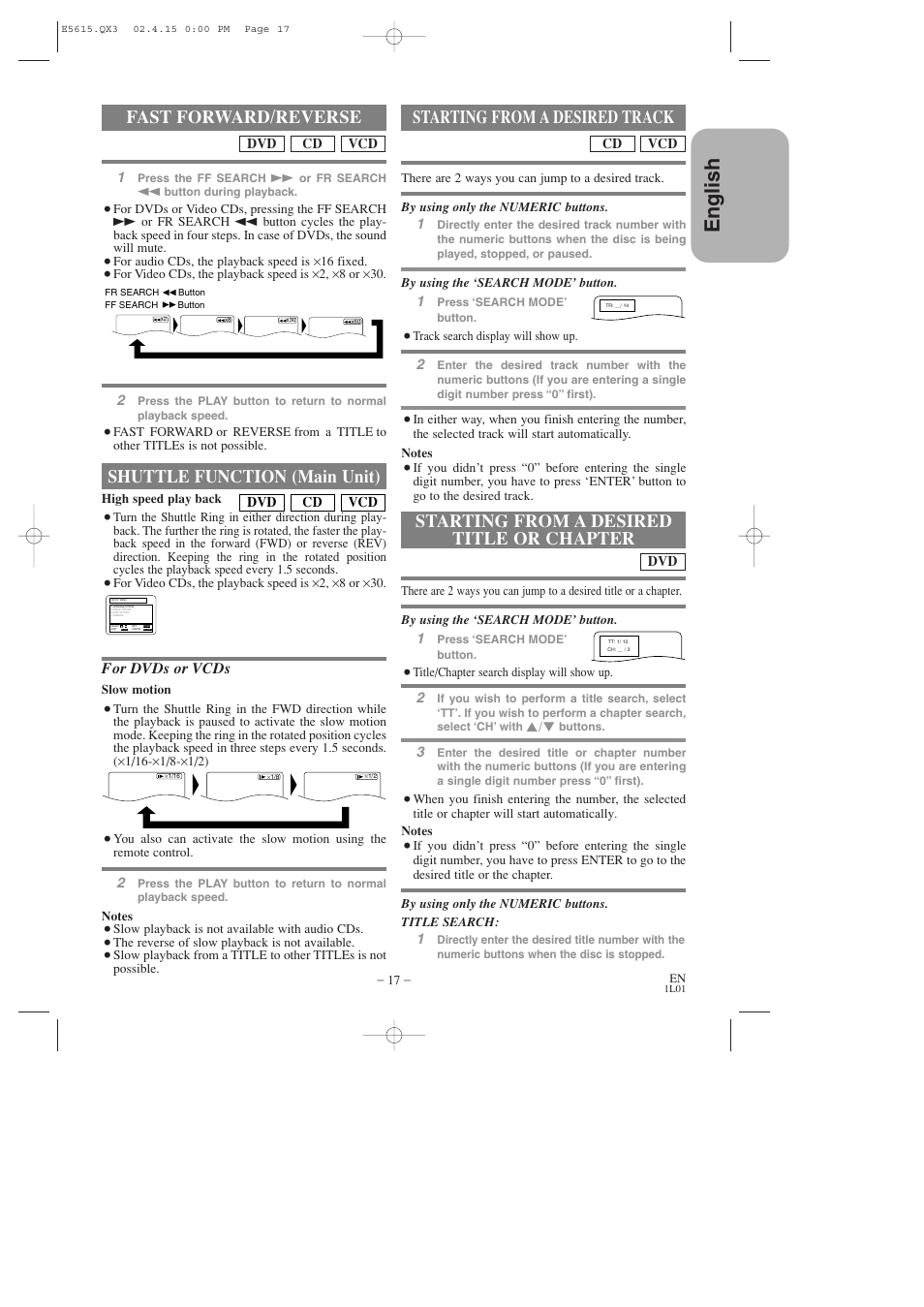 English, Fast forward/reverse, Shuttle function (main unit) | Starting from a desired track, Starting from a desired title or chapter, For dvds or vcds | Hitachi DVP725U User Manual | Page 17 / 104